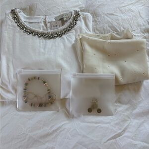 LOFT Beaded-Neckline Ivory/Silver Shell Top